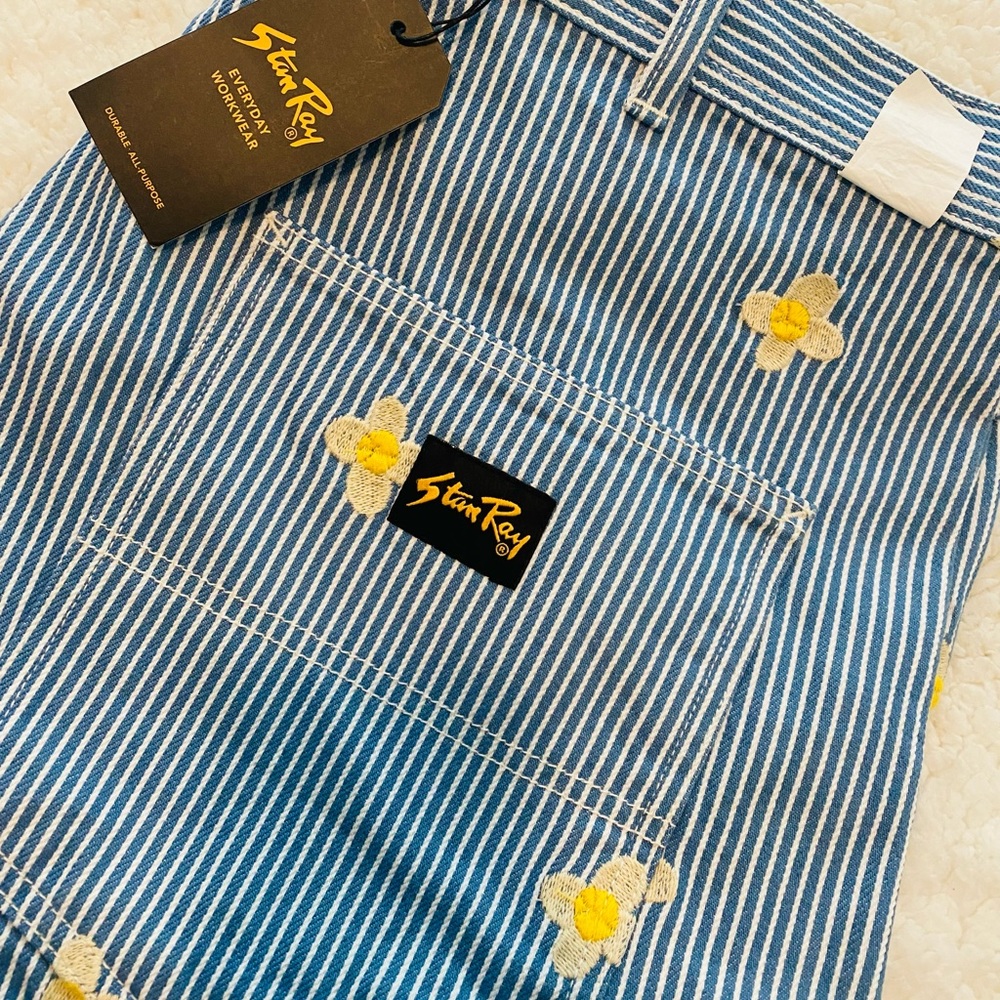 🌼🤍NWT STAN RAY Mens Daisy embroidered Hickory Painter Pants 38X32 SOLDOUT!🤍🌼